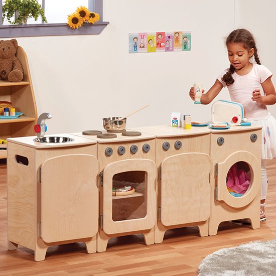 Play fridge, oven, cooker and washing machine. Kitchen play.