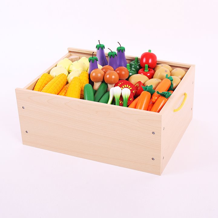 Wooden vegetables in a strong crate. 50 or 100 pieces