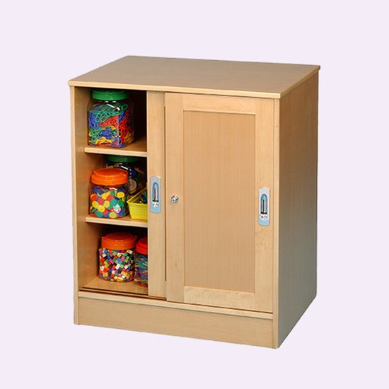 Beech cupboard with shaker style sliding doors and handy shelves