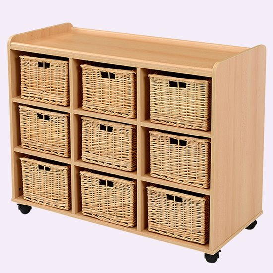 Beech unit which holds nine wicker storage baskets