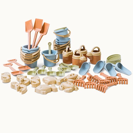 Set of bio plastic sand tools, buckets, moulds and more