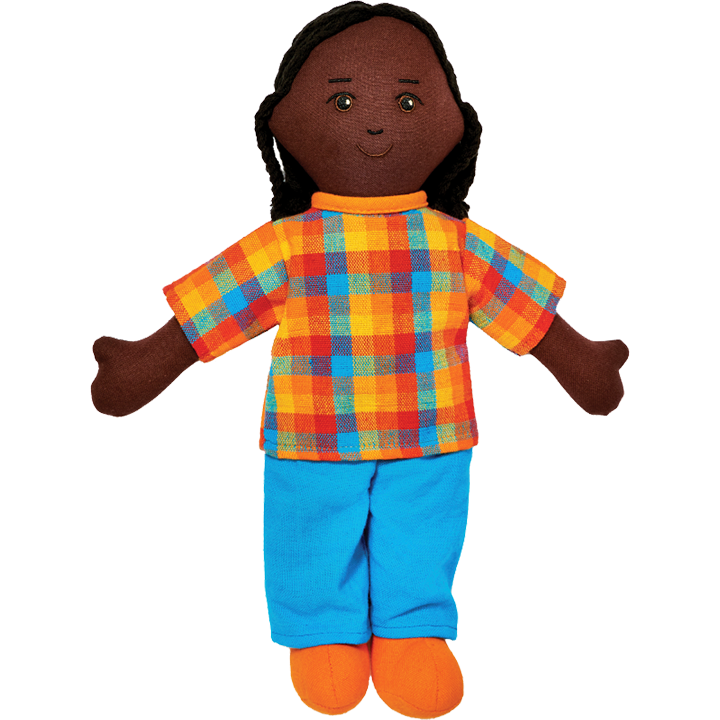 Soft multicultural doll black skin and black hair