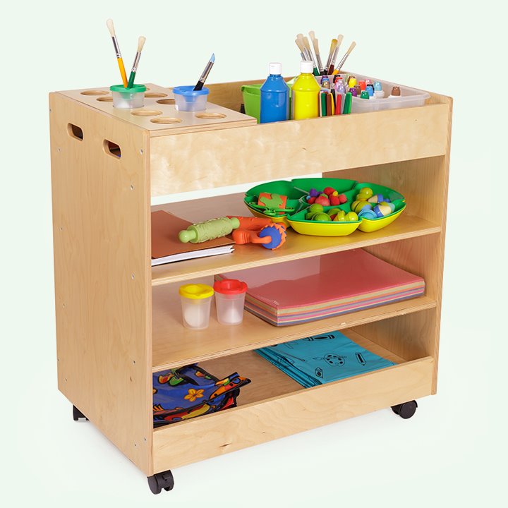 Plywood wheeled art trolley with open shelves
