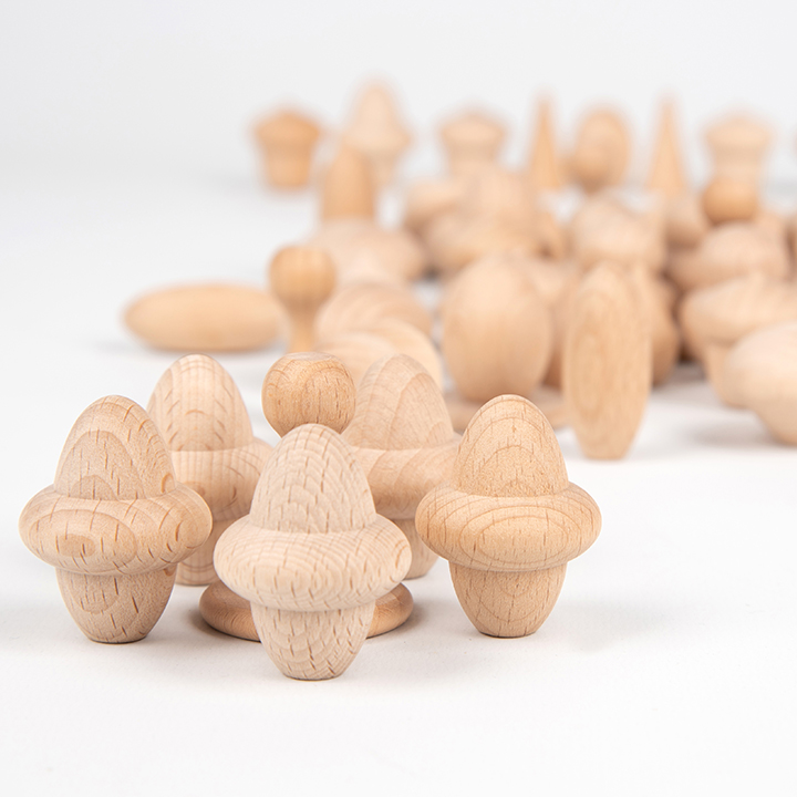 Close up of different shaped wooden treasure pieces