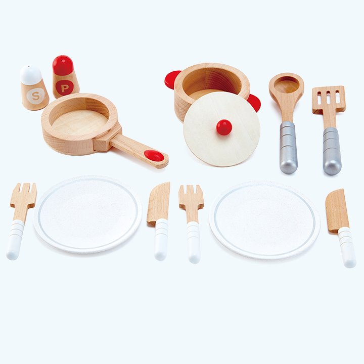 Pots, pans, plates, cutlery and cruet