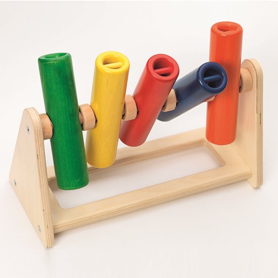 Five colourful, rotating tubes on a wooden stand
