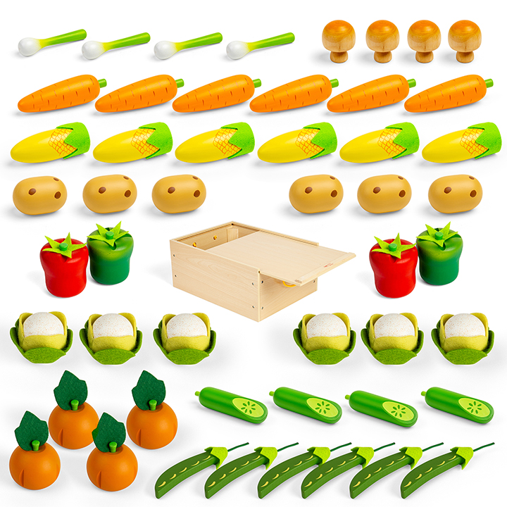 Box of 50 wooden vegetables