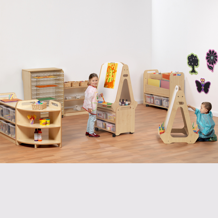 A combination of easels and storage units