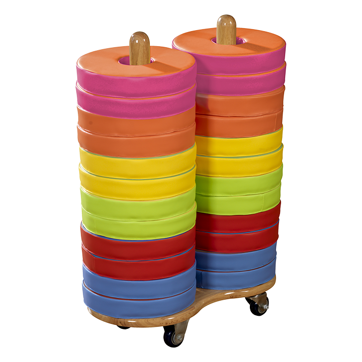 Wooden trolley with 24 stacked cushions