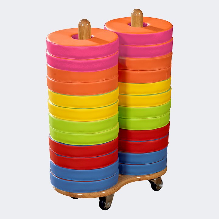 Wooden trolley with 24 stacked cushions