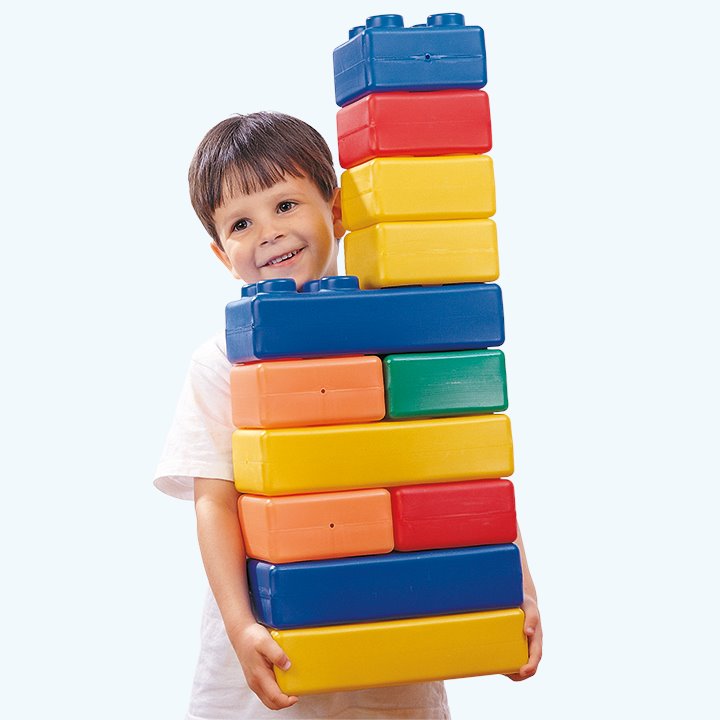 Tower of assembled multicoloured bricks