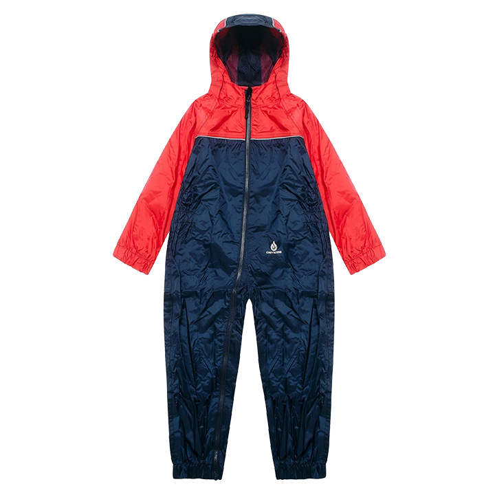 Navy and red rain suit