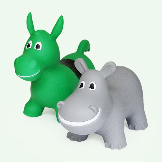 Inflatable donkey and hippo space hoppers