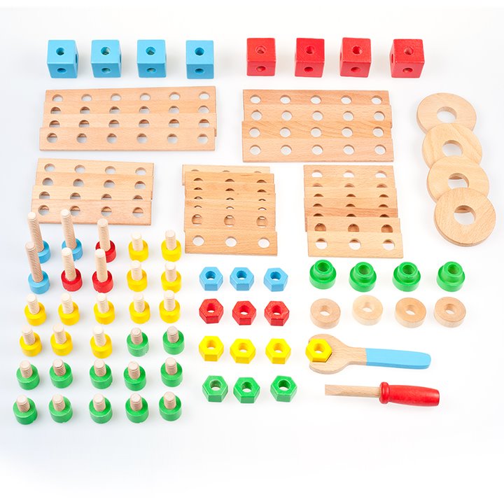 Wooden nuts, bolts and construction pieces