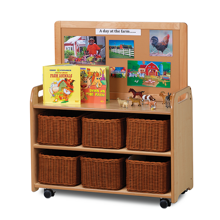 Unit with backboard display and wicker basket bins
