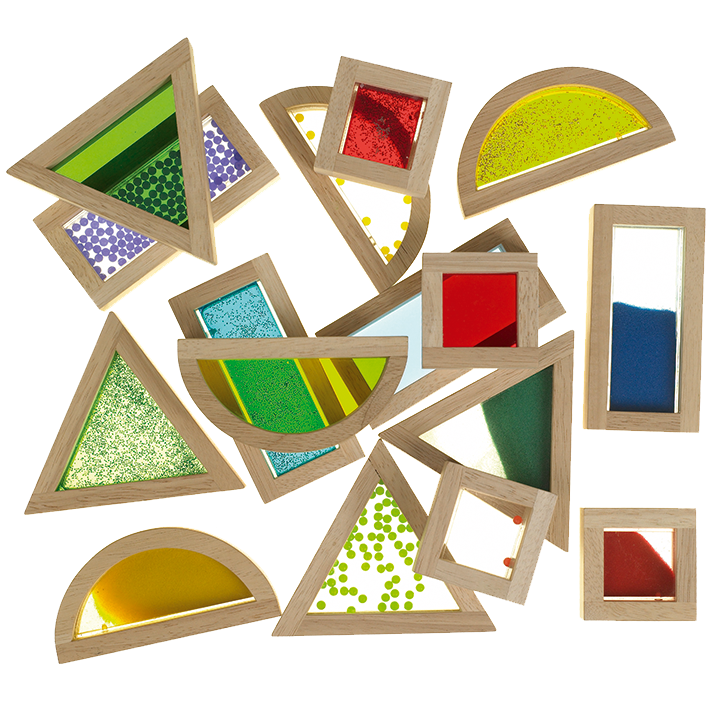 blocks containing beads, transparent acrylic, coloured sand and waterglitter filled pockets