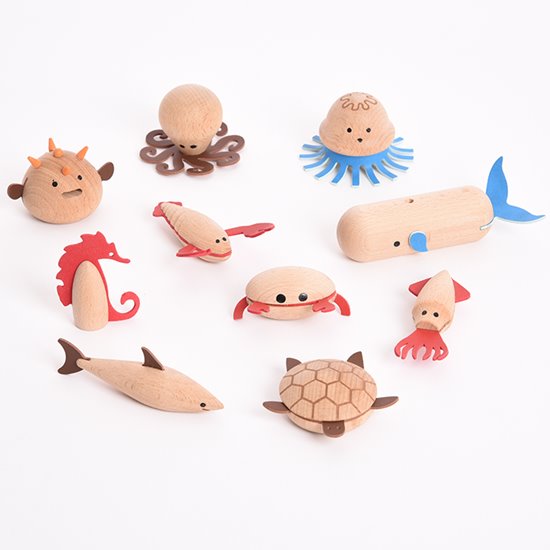 Ten wooden sea creatures