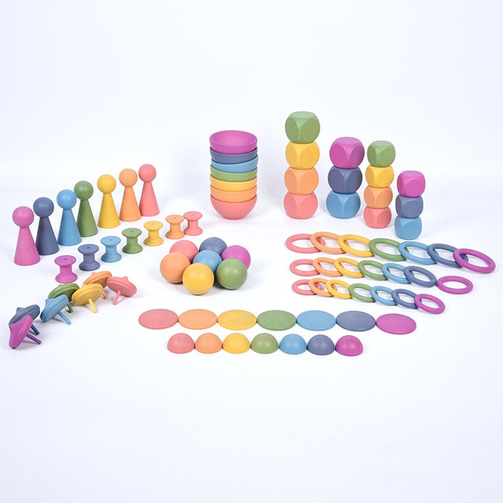 Tactile smooth solid beechwood loose parts in the seven colours of the rainbow