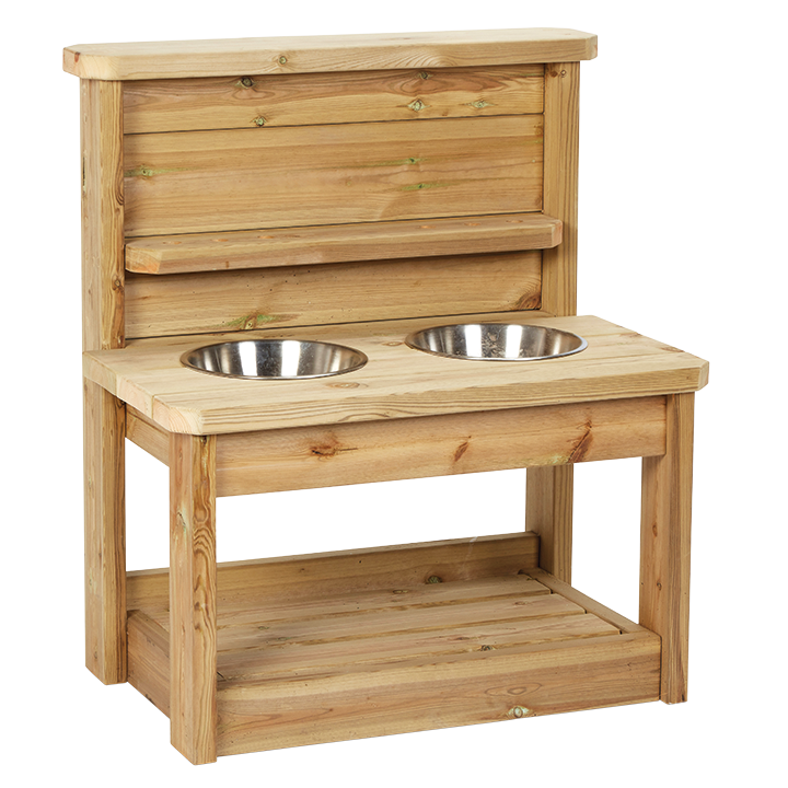Overview shot of mini mud kitchen with two stainless steel bowls