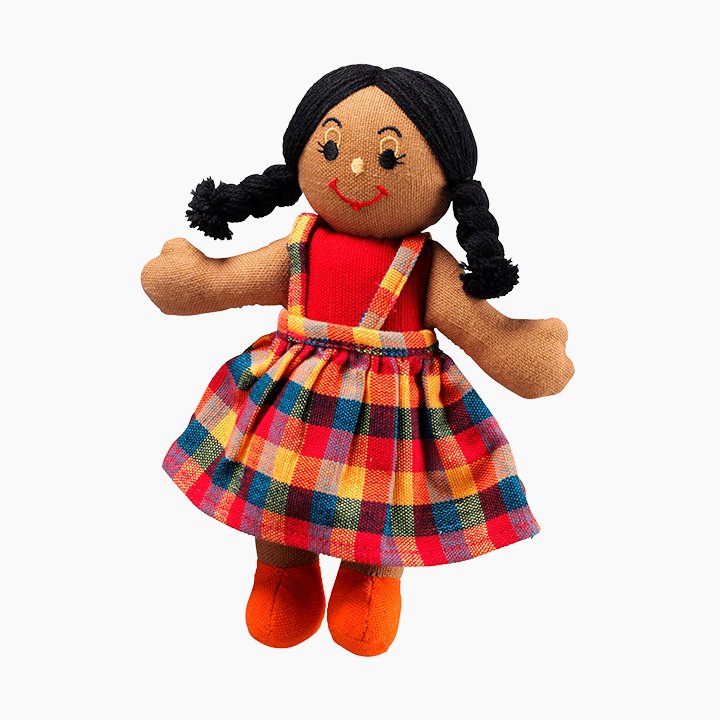Girl rag doll with dark hair and tanned skin