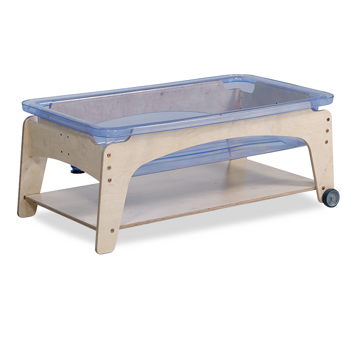 Adjustable frame with two wheels and two fixed legs and polycarbonate tray for sand or water