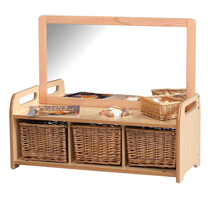 Standing low level storage with mirror panel