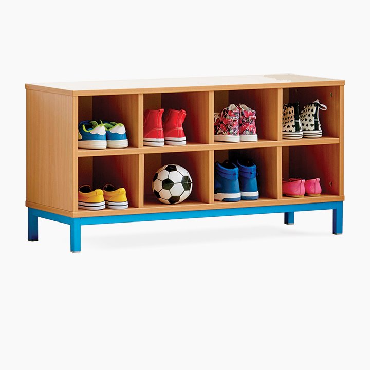 8 cubby storage for shoes on a metal base