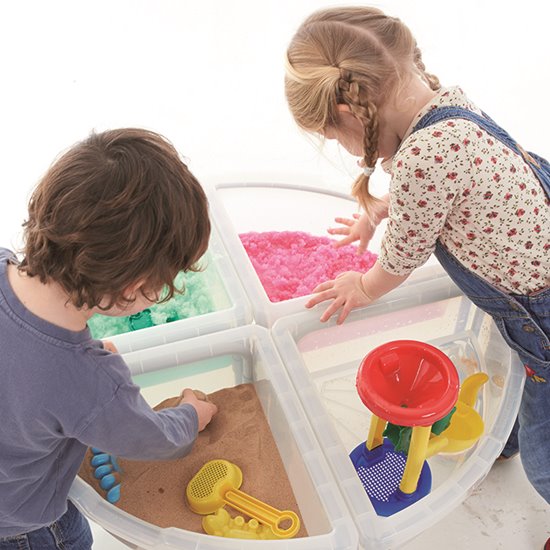 Clear exploration tray with four compartments and a range of materials