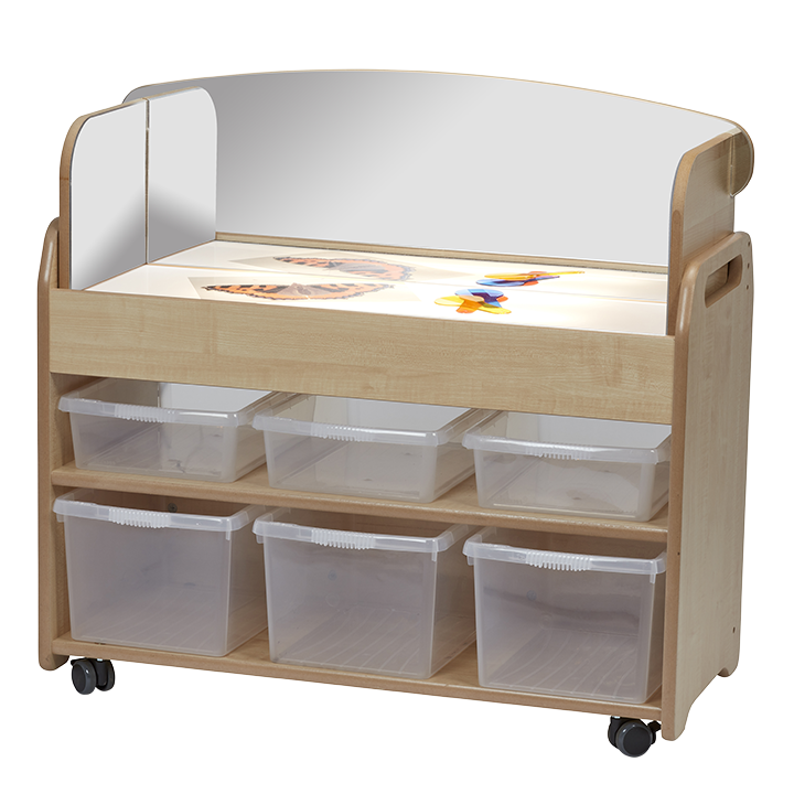 Light box trolley with mirror and boxes underneath