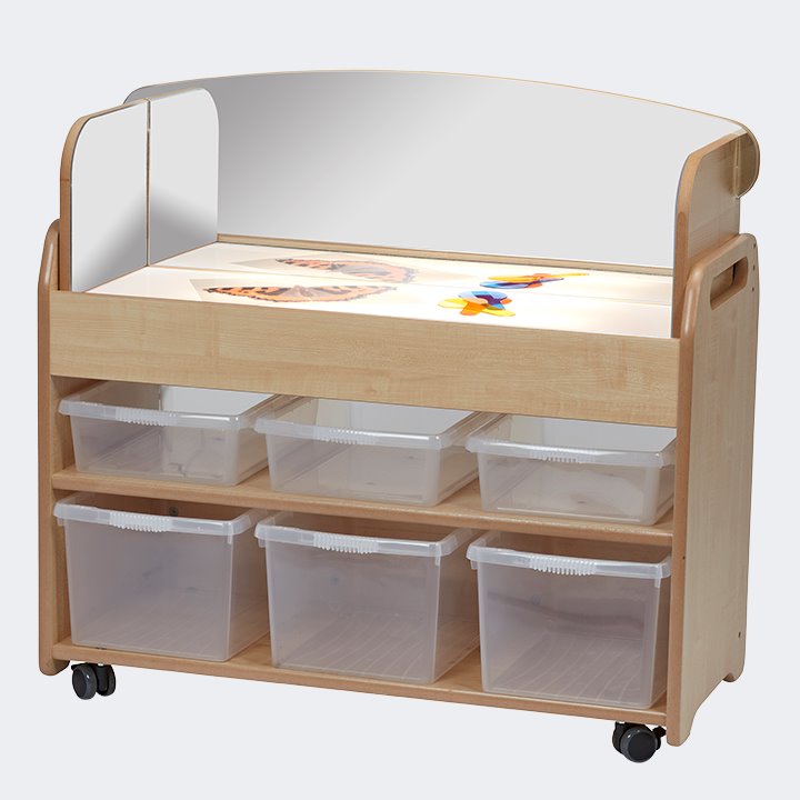 Light box trolley with mirror and boxes underneath