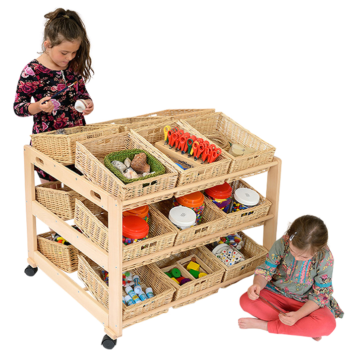 Mobile storage rack with wicker baskets.