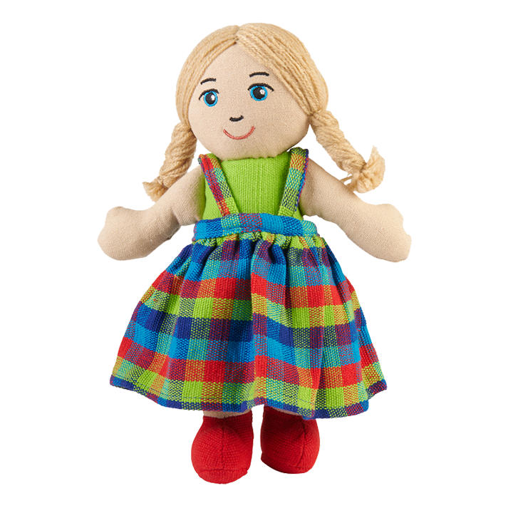 Soft multicultural doll with blonde hair and white skin