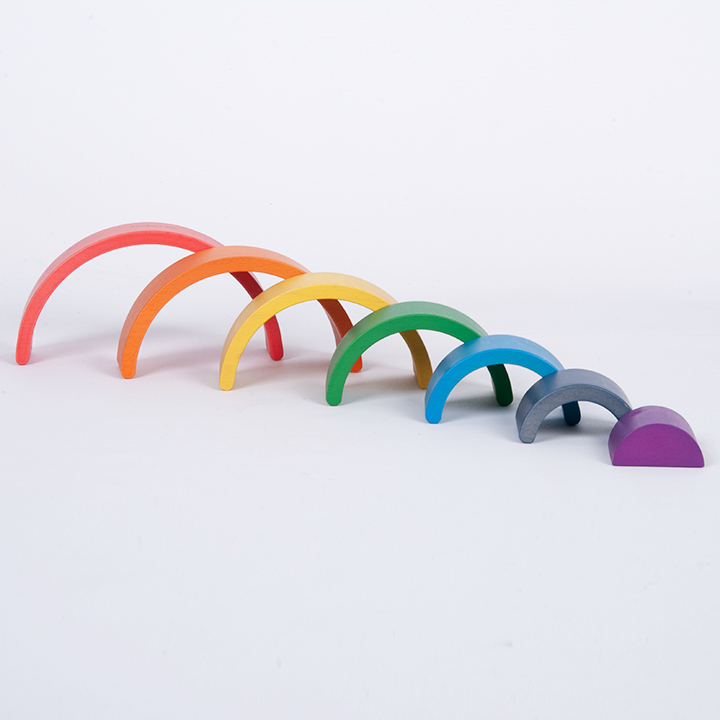 Seven colourful wooden shapes. A great STEM addition.