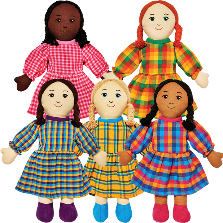 Five types of soft multicultural doll