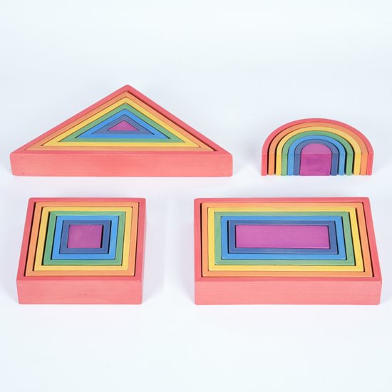 Seven colourful wooden shapes. A great STEM addition.