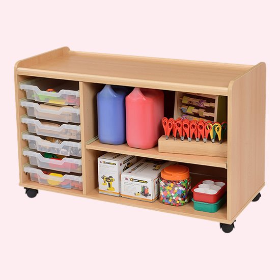 A beech faced MFC flexible storage unit with 6 sliding trays and 2 deep, open shelves