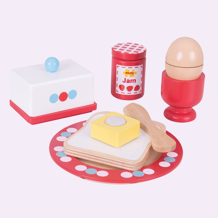 wooden play food items for breakfast
