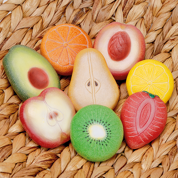Set of eight colourful tactile play fruits