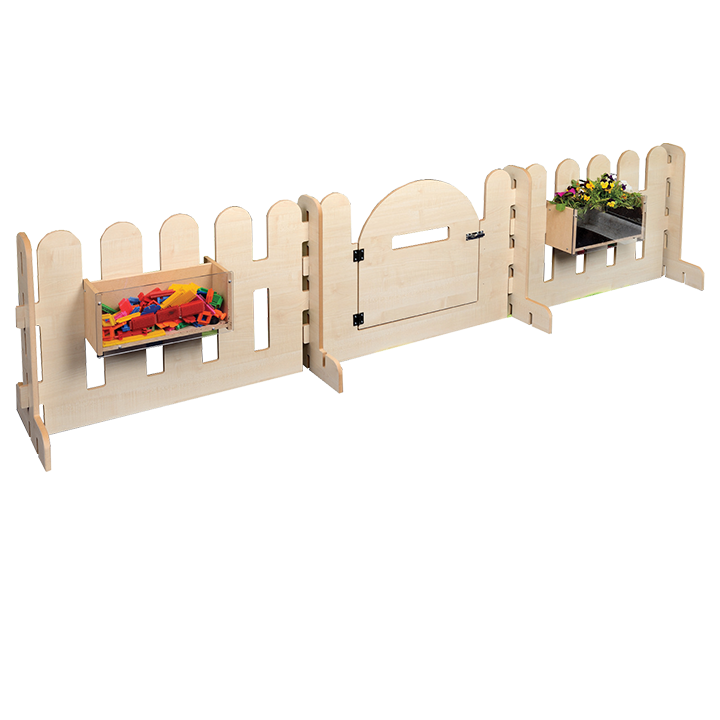 Indoor fence and gate set with attached planters and toy boxes
