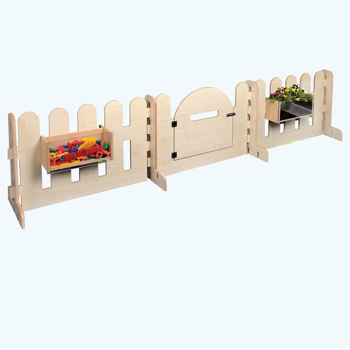 Indoor fence and gate set with attached planters and toy boxes