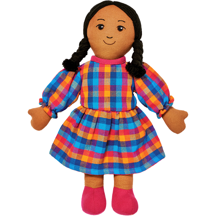 Soft multicultural doll with black hair and brown skin