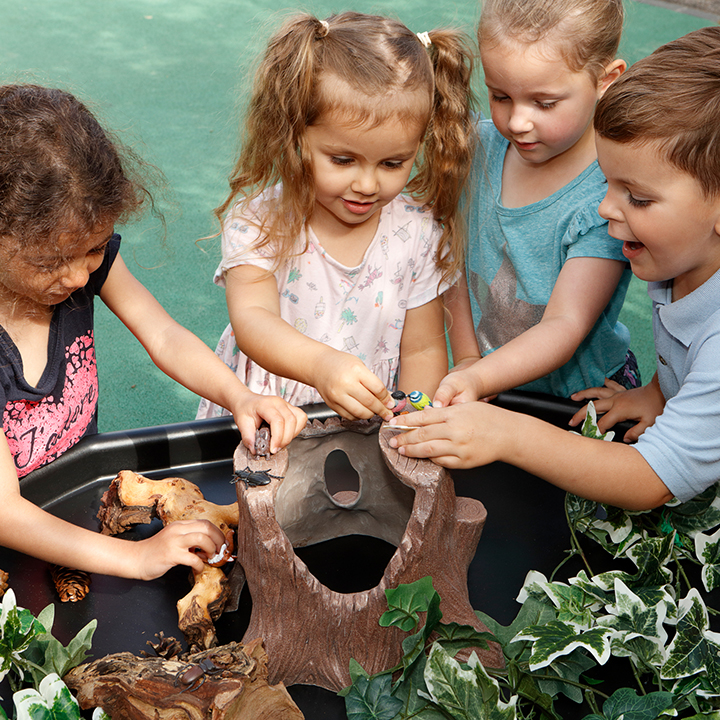 Children playing with tree stump scene
