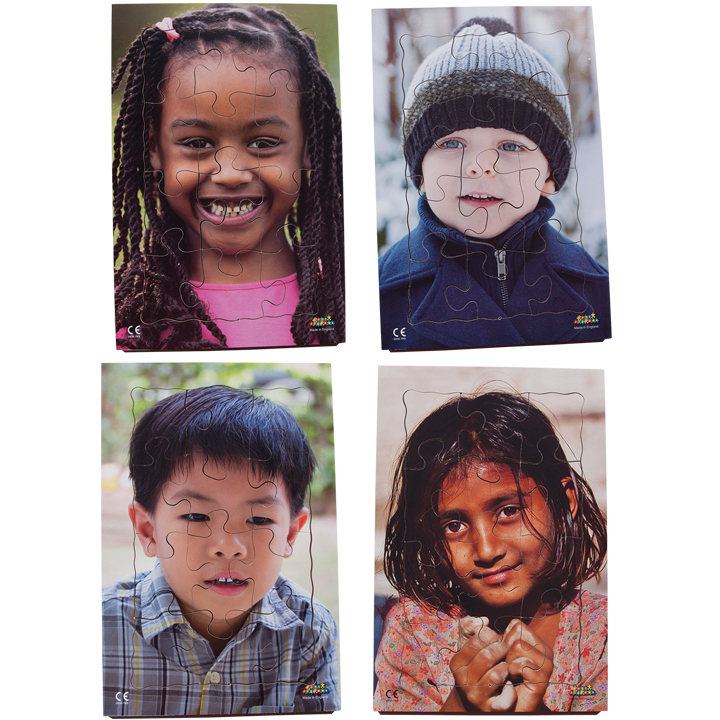 Set of 4 photographic hand-cut wood puzzles of children from around the world