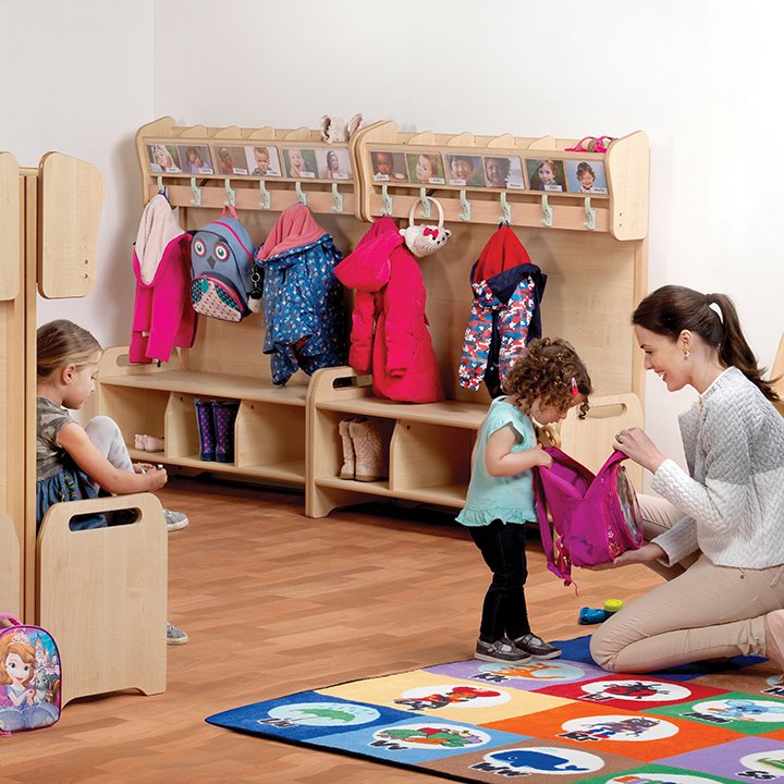 Freestanding cloakroom in a nursery setting