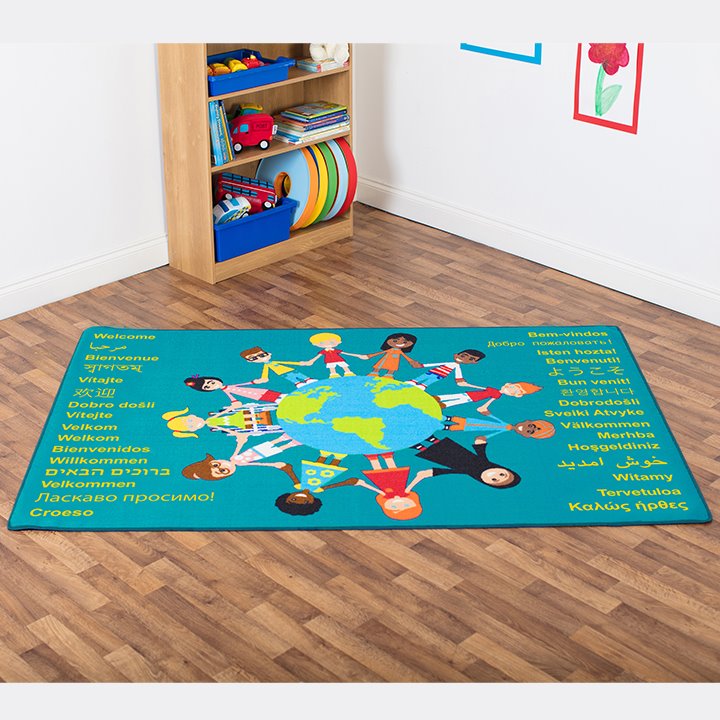 Now in Teal - welcome carpet showing children of the world