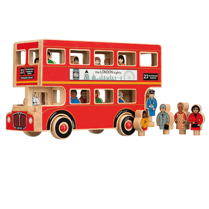 Wooden red London bus and small passengers