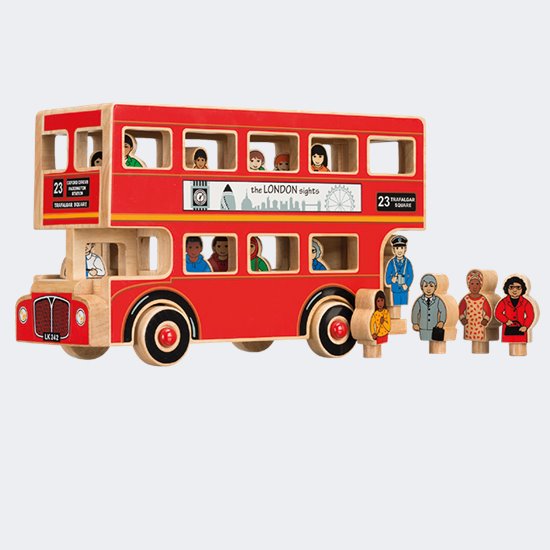 Wooden red London bus and small passengers