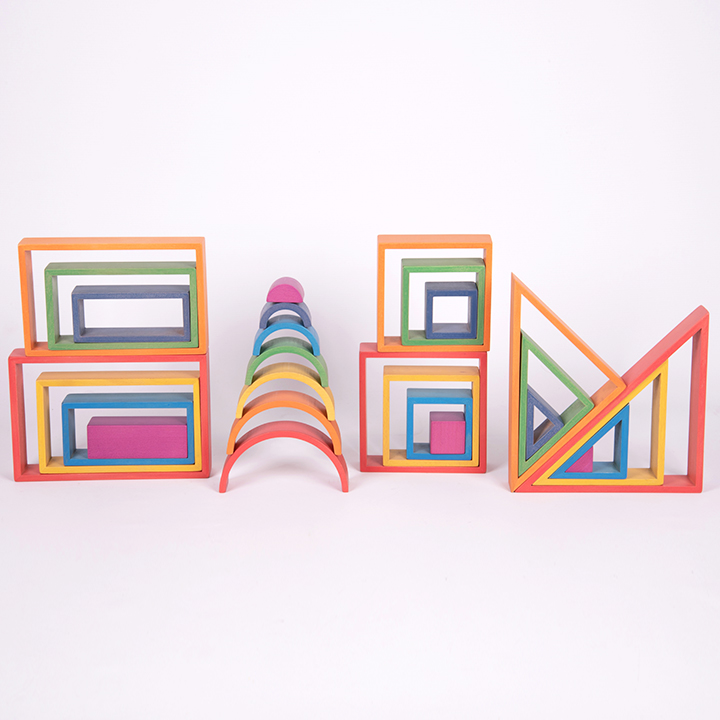 Seven colourful wooden shapes. A great STEM addition.