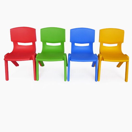 4 plastic chairs in 4 different colours