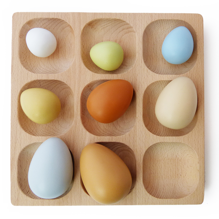 9 compartment sorting tray with wooden eggs